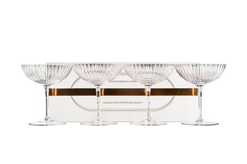Venus Seashell Coupe Cocktail Glasses | Set of 4 | 8 oz Crystal Ribbed Champagne Saucers for Drinking P-Star and Espresso Martini, Margarita, Daiquiri, Cosmopolitan, Gimlet | Elegant Gift Glassware