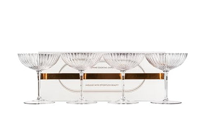 Venus Seashell Coupe Cocktail Glasses | Set of 4 | 8 oz Crystal Ribbed Champagne Saucers for Drinking P-Star and Espresso Martini, Margarita, Daiquiri, Cosmopolitan, Gimlet | Elegant Gift Glassware