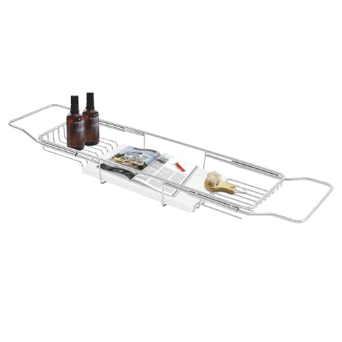 Expandable Stainless Steel Bathtub Caddy Tray, Adjustable Over Tub Rack Marble Board Anti-Slip Groove Raised Guardrail Modern Bath Organizer for Home Hotel Bathroom Use (Silver+White) - color: Silver+white