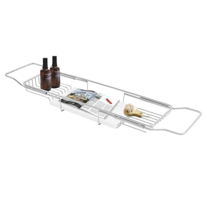 Expandable Stainless Steel Bathtub Caddy Tray, Adjustable Over Tub Rack Marble Board Anti-Slip Groove Raised Guardrail Modern Bath Organizer for Home Hotel Bathroom Use (Silver+White) - color: Silver+white