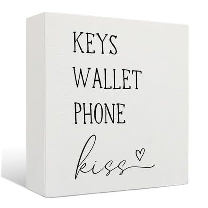 Entryway Wooden Box Sign - Keys Wallet Phone Kiss Wood Box Sign Desk Decor, Entry Way Decor, Entry Way Table Home Decor, 5 X 5 Inches