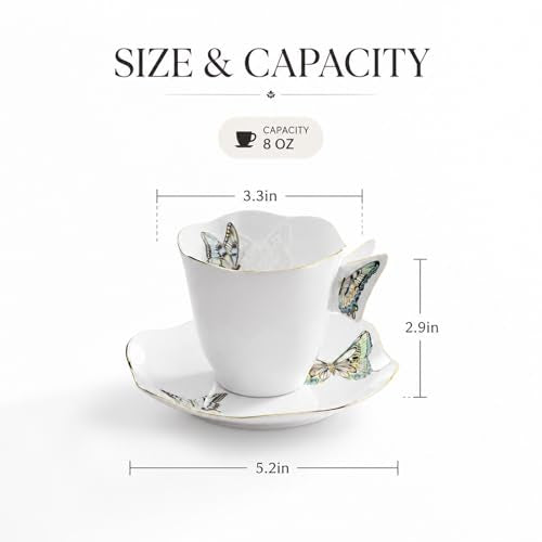 Solidith 8 Oz Espresso Cups With Saucers Set Of 6,Butterfly Ceramic Cups | Microwave and Dishwasher Safe,Perfect For Tea, Espresso, Cappuccino,Latte, Cafe