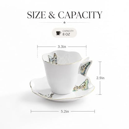 Solidith 8 Oz Espresso Cups With Saucers Set Of 6,Butterfly Ceramic Cups | Microwave and Dishwasher Safe,Perfect For Tea, Espresso, Cappuccino,Latte, Cafe