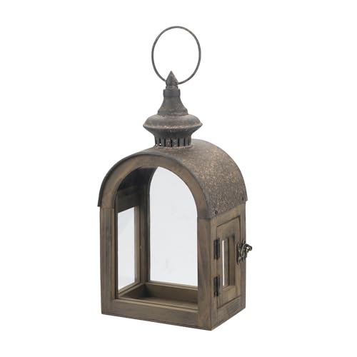 12" High Wooden Dome Lantern Made of Solid Fir Wood and Real Glass in Rustic Brown Finish with Rustic Metal Top, Hurricane Lantern, Farmhouse Lantern (1, Brown, Small) - color: Brown, size: 6"x4.4"