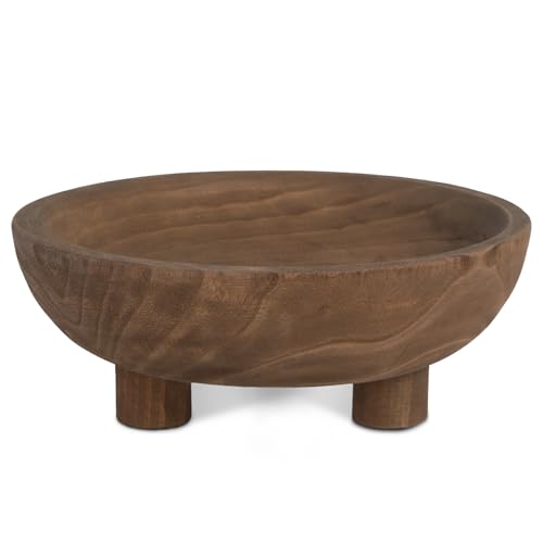 DN DECONATION Wooden Decorative Bowl with Tripod Base for Dining Table | 10.63" Brown Wood Fruit Candy Key Holder Bowl Footed for Table Top Centerpiece Decor Rustic Home Shelf Kitchen Decor - color: Brown
