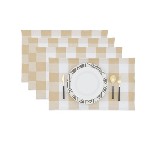 Beige & White 2 Side Cotton Buffalo Check Farmhouse Placemats Set of 4 Heat Resistant Dining Table Place Mats for Kitchen Table, 12 x 18 inches - color: Plaids Beige & White, size: Rectangular Placemats 12" x 18"