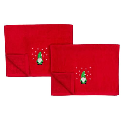 Holiday Christmas Guest Hand Towels: Festive Embroidered Gnome Country Farmhouse Red Terrycloth Towels with Winter Theme, 2 pc, 16 x 25 - color: Green Gnome on Red