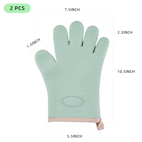 Silicone Oven Mitts, Non-Slip Waterproof Heat Resistant 450 Degrees Kitchen Gloves with Fingers, Cotton Lined Mitt for Grilling Cooking Baking - Mint Green (2 Pieces)
