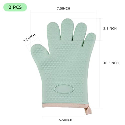 Silicone Oven Mitts, Non-Slip Waterproof Heat Resistant 450 Degrees Kitchen Gloves with Fingers, Cotton Lined Mitt for Grilling Cooking Baking - Mint Green (2 Pieces)