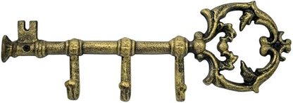 Stephanie Imports Rustic Cast Iron Large Key-Shaped Holder with 3 Key Hooks for Wall Mount (Antique Gold) - color: Antique Gold