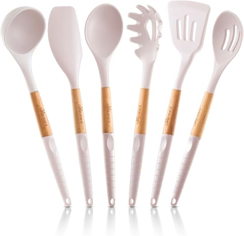 Silicone Cooking Utensils Set 6 Piece – Heat Resistant up to 480°F, BPA Free & Non-Scratch Kitchen Tools with Natural Wood Handles, White - color: White