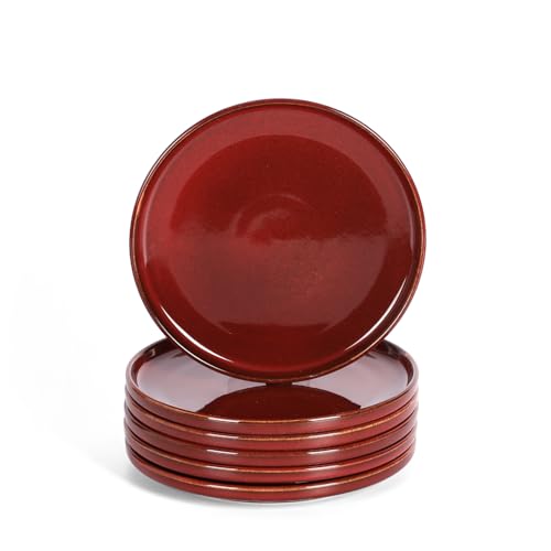 vicrays Ceramic Salad Plates Set - Porcelain 8 Inch Flat Dessert Appetizer Plate for Lunch Home Party Restaurant - Scratch Resistant Microwave Oven and Dishwasher Safe - Set of 6 (Cherry Red) - color: Cherry Red