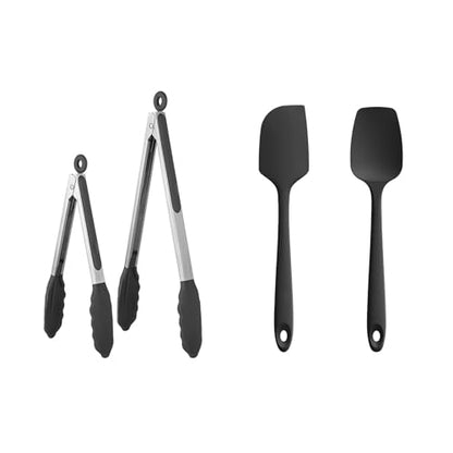 U-Taste 600℉ Heat Resistant Food Grade Non Stick Firm Cooking Tongs Set of 2, and 600ºF Heat Resistant 11.38in Flexible Non-Stick Spatula & Spoon Spatula Set of 2 (Black)