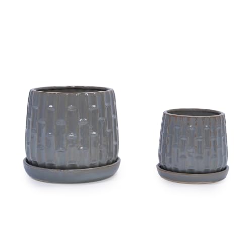 Decorative Ceramic Planter Set of 2, 6" & 8" Diameter, Modern Flower Pots for Indoor Plants, w/Drainage and Saucer, Ceramic Pots for Garden & Home Decor, Gray - color: Gray