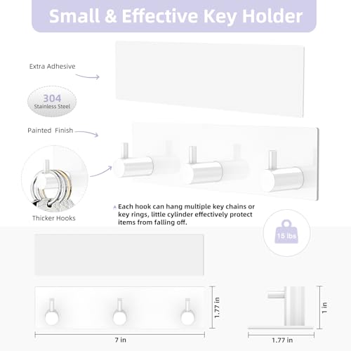 VIS'V Key Holder Wall Mount, Small Adhesive Key Hanger with 3 Hooks, White | Metal Material, No Drilling, Extra Adhesive Strip, Suitable for Entryway, Hallway, Doorway, Kitchen, Garage, Camper - color: White