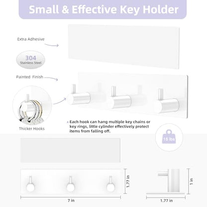 VIS'V Key Holder Wall Mount, Small Adhesive Key Hanger with 3 Hooks, White | Metal Material, No Drilling, Extra Adhesive Strip, Suitable for Entryway, Hallway, Doorway, Kitchen, Garage, Camper - color: White