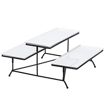 Kanwone 2 Tier Serving Stand With White Porcelain Platters, 14.5" x 6" Tiered Tray for Entertaining Party, Dessert Stand With Black Metal Base - style: Style2