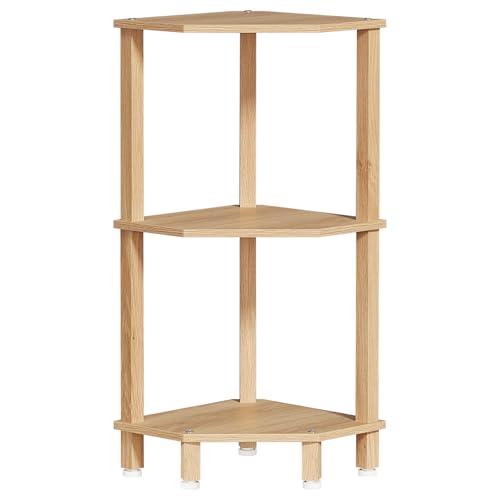 YUFAM 3-Tier Corner Shelf, Natural | Wooden Small Corner Table with Sturdy 5-Leg Base, Wooden Corner Bookshelf for Adjustable Base for Bathroom - color: Natural, size: 3 Tier