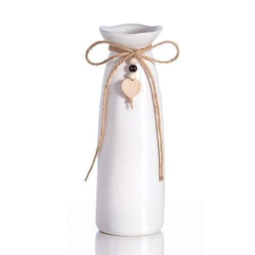 8 Inch Ceramic Vase with Jute Rope & Heart Charm, Elegant White Decorative Vase for Home Décor & Table Centerpieces - style: Slim