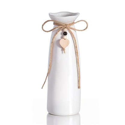 8 Inch Ceramic Vase with Jute Rope & Heart Charm, Elegant White Decorative Vase for Home Décor & Table Centerpieces - style: Slim