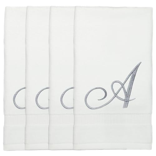 Monogrammed Fingertip Towels, Personalized Gift, 11 x 18 Inches - Set of 4 - Silver Script Embroidery - Extra Absorbent 100% Turkish Cotton- Soft Terry Velour- for Bathroom, Kitchen and Spa- A White - style: Initial A