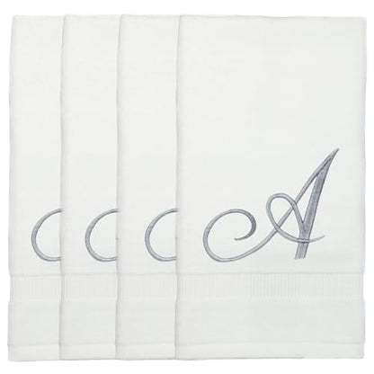 Monogrammed Fingertip Towels, Personalized Gift, 11 x 18 Inches - Set of 4 - Silver Script Embroidery - Extra Absorbent 100% Turkish Cotton- Soft Terry Velour- for Bathroom, Kitchen and Spa- A White - style: Initial A