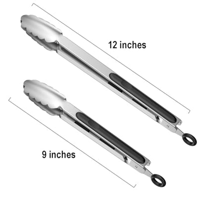 600℉ Heat Resistant Kitchen Tongs with Locking, Set of 9-inch and 12-inch Stainless Steel Metal Cooking Tongs with Non-Slip Grip, Perfect for Grilling, Barbecue (BBQ) and More - size: 9" & 12"