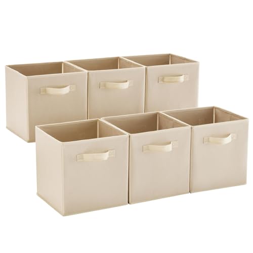 MAX Houser 6 Pack Foldable Fabric Storage Bins with Dual Handles, Beige | 6 pack cloth storage bins with dual carry handles, Foldable Storage Cubes Organizer Baskets, ideal for home bedroom closet - color: 13 natural Beige