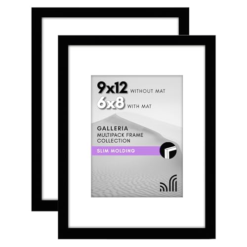 Americanflat 9x12 Picture Frame 2-Pack - Matted to 6x8 - Black | Slim Molding construction, Polished plexiglass front, wall or tabletop display with included easel, sawtooth hangers included - color: Black, size: 9x12