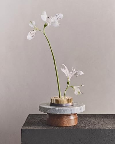 astavohome White Marble & Walnut Round Pedestal Display Riser, 4.7 x 2 in | White marble top with North American walnut wood base for candles, jewelry, keys, vanity accessories, or decor.