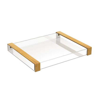 Acrylic Serving Tray with Wooden Handles, Rectangle | Clear, For Bathroom Vanity, Coffee Table, Kitchen Counter, Ottoman, For Food, Drinks, Perfume, Cosmetics, Decorative
