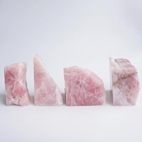 Natural Rose Quartz Bookends with Rubber Feet 3-4Lbs Heavy Duty Non-Slip Pink Crystal Bookends | Raw & Polished Stone | Healing Office Decor Gift - size: 3-4 LBS