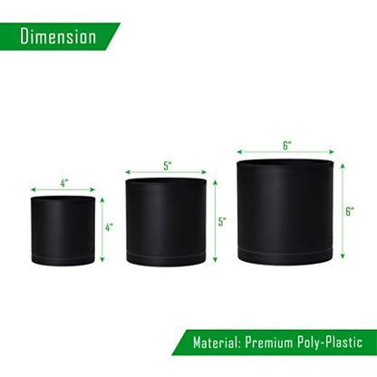 D'vine Dev 3-Pack Plastic Pots & Saucers, 4/5/6 in, Black, 74-V-B-1 | Multi-Size Options, Lightweight Durable, Matte Finish, Cylinder Shape, Drainage Holes, Sleek Design, Detachable Saucer - color: Matte Black, size: Small