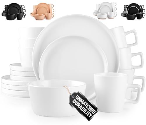 Zulay Kitchen Terra Plates and Bowls Sets, 16 Piece Modern Stoneware Dish Set for 4, Chip and Scratch Resistant Ceramic Dinnerware Set, Microwave and Dishwasher Safe, White - color: Stone White, size: Service for 4