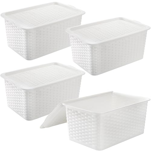 Dicunoy 4 Pack Lidded Storage Bins with Lids, White Stackable Storage Baskets for Shelf, Plastic Pantry Organizer with Handle for Home, RV, Lockers, Classrooms, School, Toys, 11" x 7" x 5"