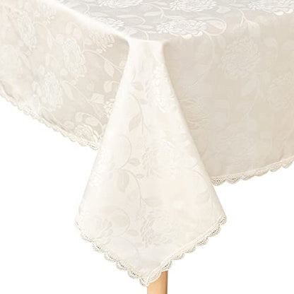 GLORY SEASON Textured Tablecloth Waterproof Spillproof Lace Trim Rectangle Damask Fabric Table Cloth for Wedding Kitchen Dinning Tabletop Decoration,Oblong Table Cover 55 x 86 Inch, Ivory White - size: 86" x 55" (Rectangular)