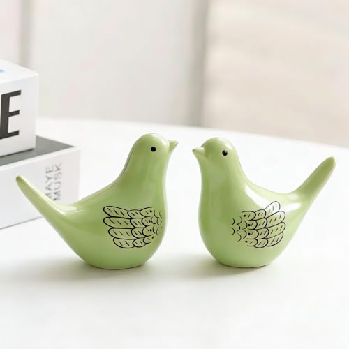 2 Pcs Handmade Ceramic Birds Statues Modern Decorative Ornament for Home Garden Office Shelf, Cute Bird Lover Gift, Small Bird Figurine Animal Sculptur (Green1) - color: Green1