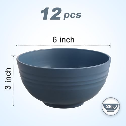 HEYCOME 12 Pcs Unbreakable Cereal Bowls Set, 26 Oz Wheat Straw Bowls Set, Microwave & Dishwasher Safe Bowls for Kitchen, Reusable Plastic Bowls for Soup, Salad and Snack, BPA Free, Dark Blue - color: Dark Blue