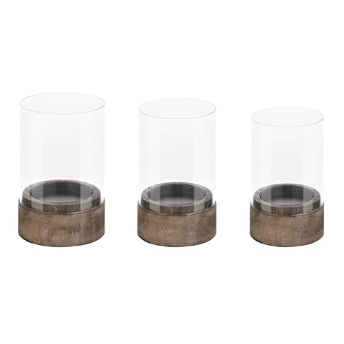 Set of 3 Glass Hurricane Candle Holders for Pillars with Vintage Natural Solid Wooden Bases, Farmhouse Candle Holder, Candle Stand, Candlestick Holders, Centerpiece for Home, Table, Wedding - color: Old Natural, size: 3.2"&4"&4.8"