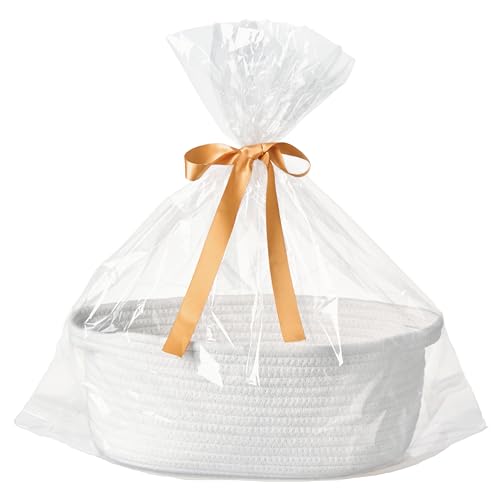 Small Woven Gift Basket Empty with Bag & Ribbon, Storage Basket for Father's Day for Dad, Baby Shower, Raffle, Birthday, Cute Organizer with Handles, 12"x8"x5", White - color: White, size: 1 Pack