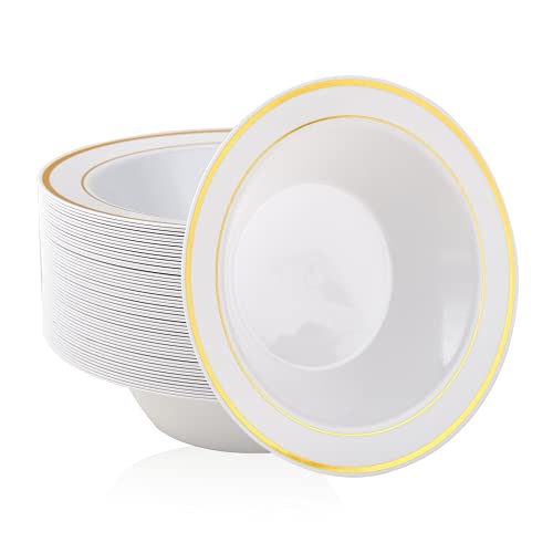 50PCS Plastic Bowls with Gold Rim 12oz Disposable Soup Bowls | Plastic Bowls for Christmas Thanksgiving Premium Dessert Salad Bowl for Wedding/Party - color: Gold, style: 50Count