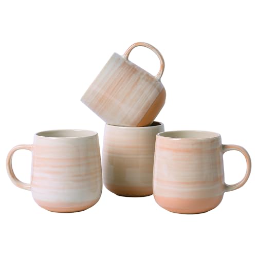 Coffee Mugs Set of 4, 12oz Stoneware Coffee Cups with Handle, Light Orange | Hand-Painted Ceramic Mugs Set for Women and Men, Dishwasher & Microwave Safe, Suitable for Hot Coffee, Tea, Cocoa, Milk - color: Orange