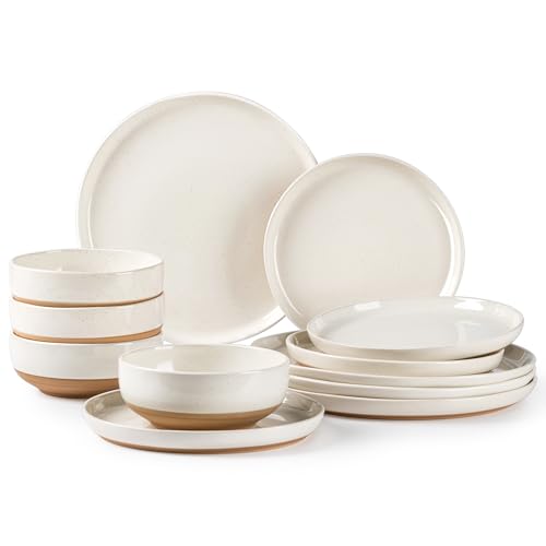 AmorArc Dinnerware Sets for 4, 12 Pieces Ceramic Plates and Bowls Set | Scratch Resistant Stoneware Dishes Set, Dishwasher & Microwave Safe, Light Beige - color: Light Beige, size: Service For 4(12Pcs)