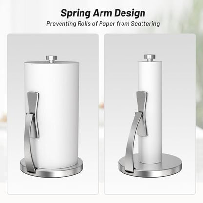 VEHHE Paper Towel Holder Countertop, Paper Towel Holder with Spring Activated Arm and Damping Effect, Simply Tear Paper Towel Stand for Bathroom and Kitchen (Silver) - color: Silver, size: Suction Base