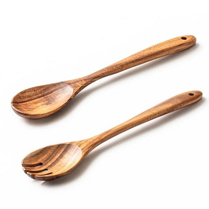 Gudamaye Acacia Wooden Salad Server Set,13 inch Salad Tongs for Serving including Salad Mixing Dinner Fork and Spoon,Long Handle Salad Server Set - color: Acacia