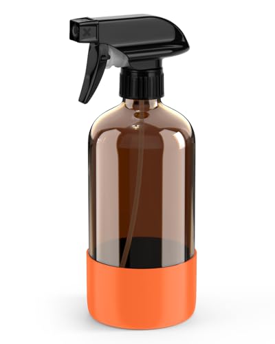 Bontip Amber Glass Spray Bottle, 16 oz with Orange Silicone Sleeve, 1 Pack | Refillable amber glass bottle, With protective silicone sleeve, BPA-free, UV shielding, Great for cleaning solutions,plants - color: Orange, size: 16 Ounces