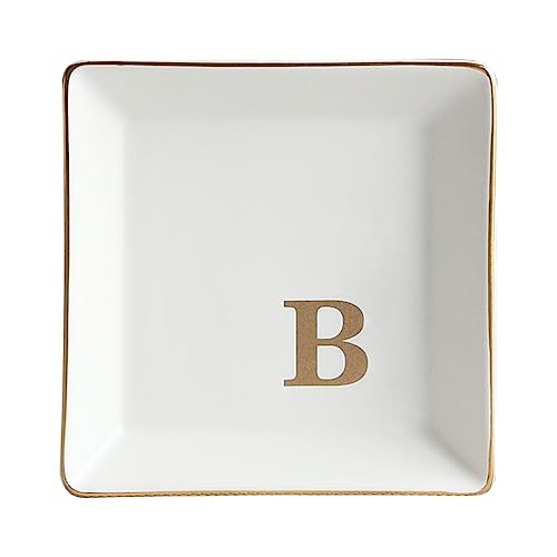 COLLECTIVE HOME - Ceramic Jewelry Tray, Monogram Decorative Trinket Dish for Rings Earrings Necklaces Bracelet Watch Keys, Birthday Mother's Day Christmas Gift for Women, 4" x 4" (B) - color: B
