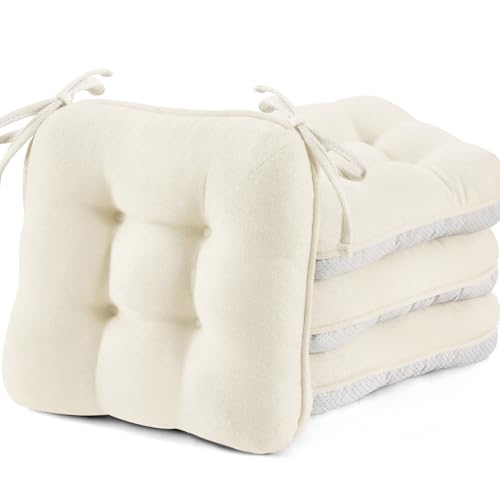 BETU White Chair Cushions for Dining Chairs Set of 4,3.5" Thick Kitchen Table Chair Pads with Ties,Non Slip Backing and Covers, Seat Cushion for Dining Room,Bar,Patio Chairs,15.5"X15.5"X3.5",White - color: Almond Cream, size: 15.5"x15.5"x3.5" (4 Pack)