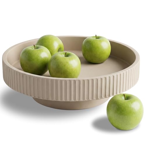 JUPTR Concrete Fruit Bowl (12") – Shallow Fluted Pedestal Decorative Centerpiece Bowl for Table, Entryway Catch-All & Modern Home Decor – Heavyweight Stone Bowl (Beige) - color: Beige