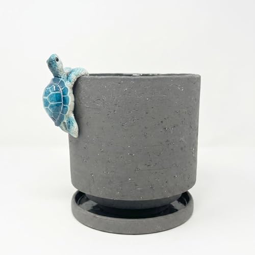 Nihow Ceramic Plant Pot with Cute Resin Figure for Idoor Plants, 5.75 Inch | Drainage Hole and Saucer, Indoor Use, Home Garden Patio Office - color: Charcoal Gray+bt, size: 5.7 Inch